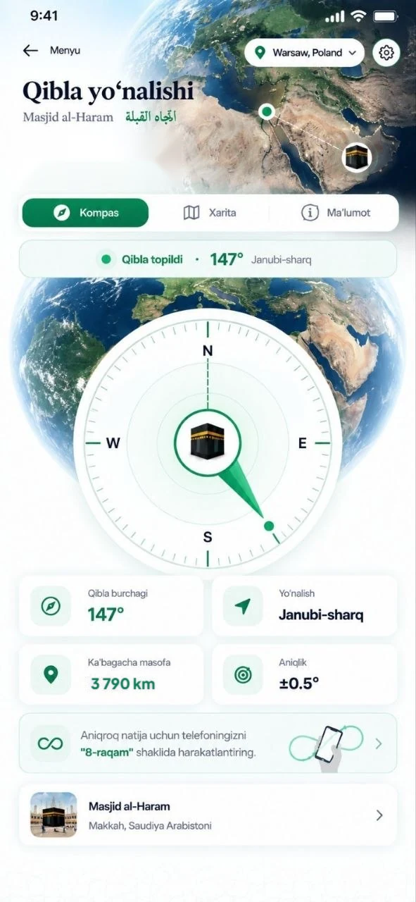 IslamTimeWorld ilovasi: Qibla yo'nalishi ekrani — kompas, burchak va Ka'bagacha masofa