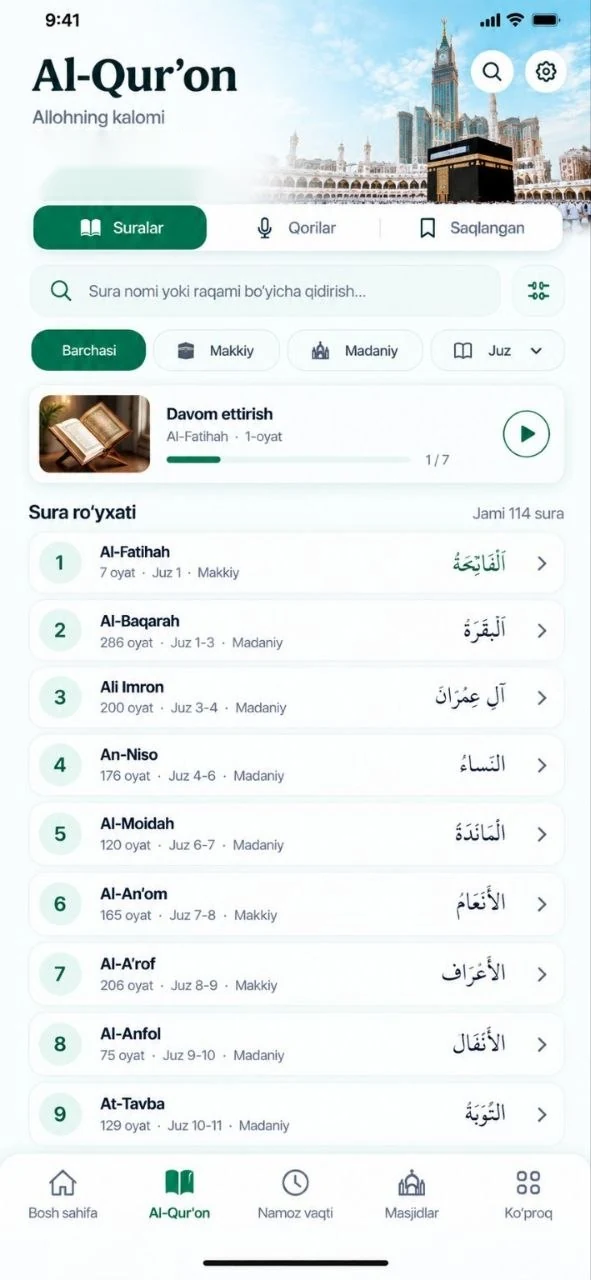 IslamTimeWorld ilovasi: Al-Qur'on ekrani — suralar ro'yxati, qidiruv va «Davom ettirish» kartasi